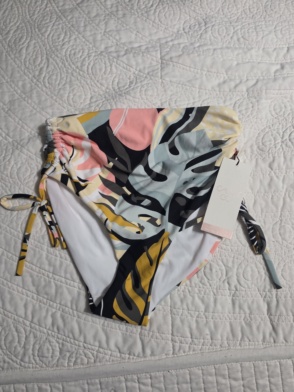 Printed High-Waist Tie-Side Bikini Bottoms in Pink, Yellow, Black, Blue, Cream